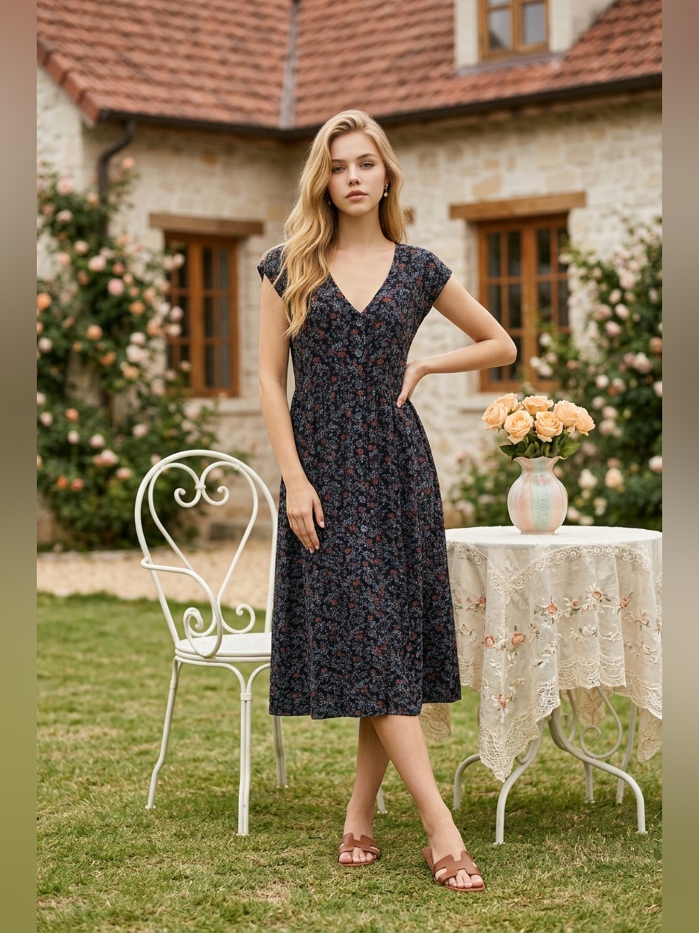 Madewell Black Floral Button-Front Midi Dress with Rust Accents size XS - Picture 2 of 13